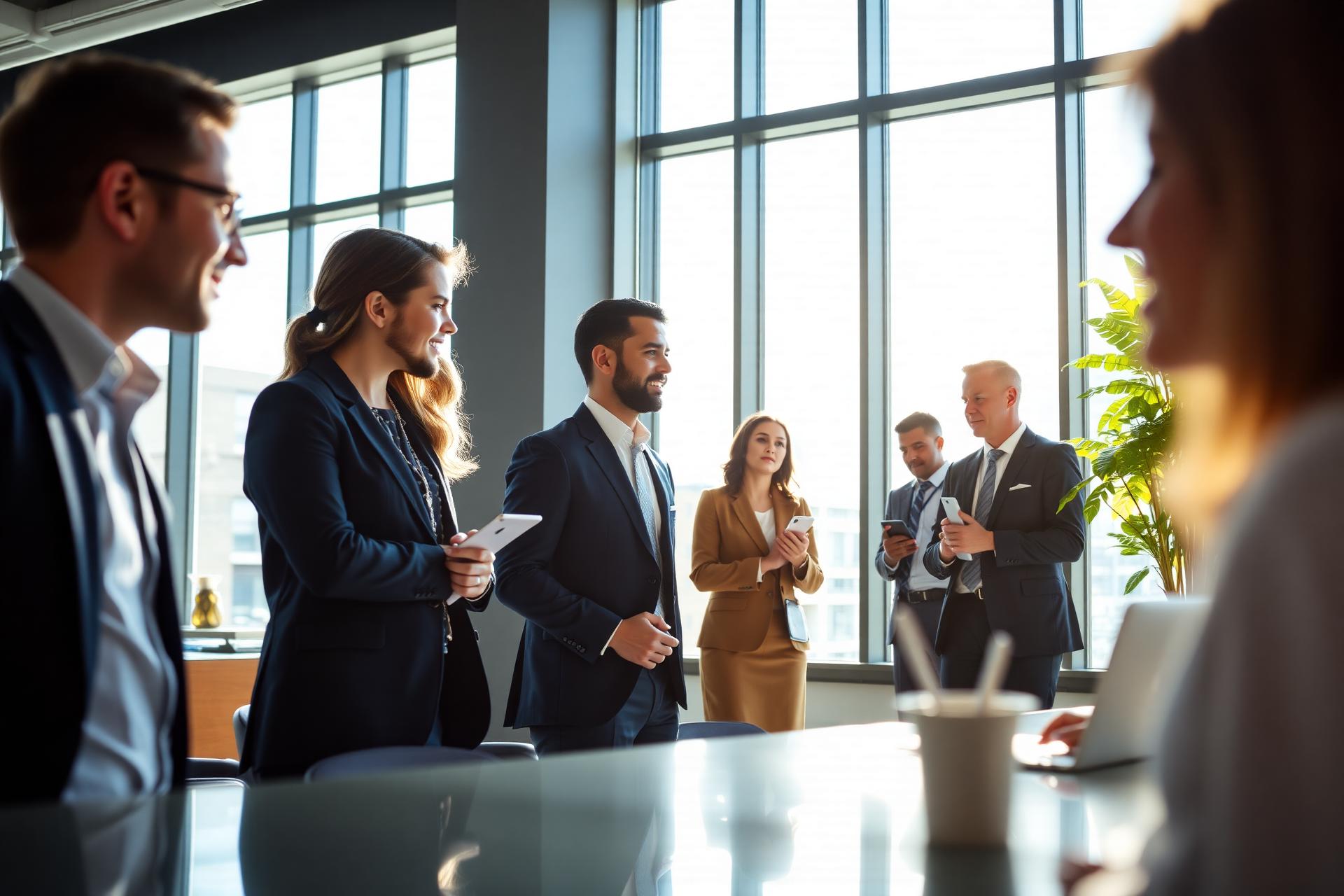 Business professionals collaborating in a bright modern office